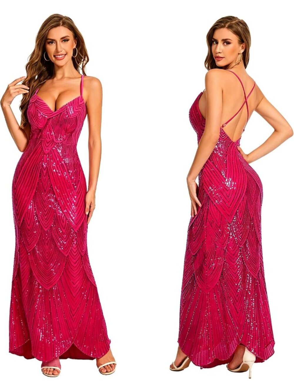 Sparkly Sequin V Neck Spaghetti Strap Backless Maxi Dress - Irregular Hem